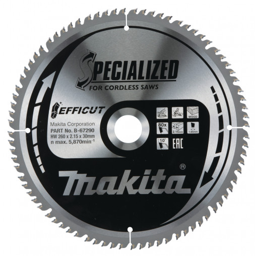B-67290 Disco de sierra circular, Efficut T.C.T, 260 x 30 mm, 80 D